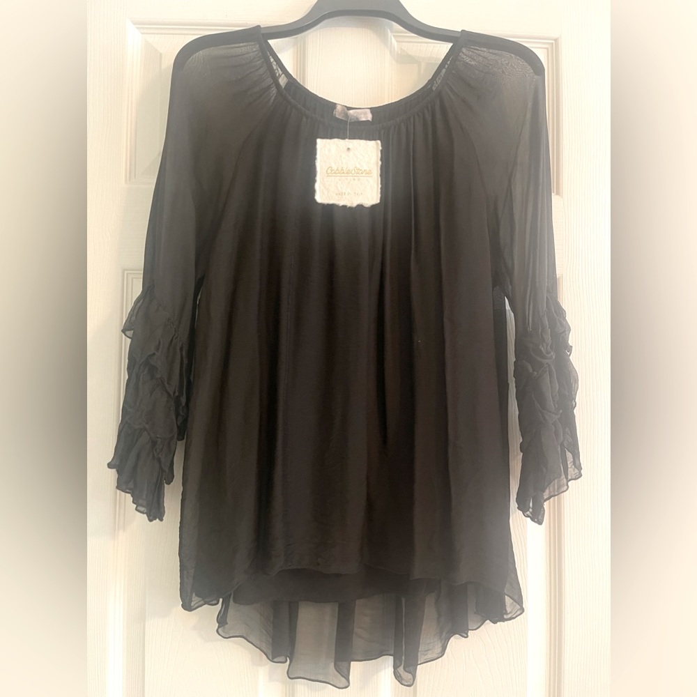 NWT Cobblestone Ruffle Sleeve Silk Black Blouse One size